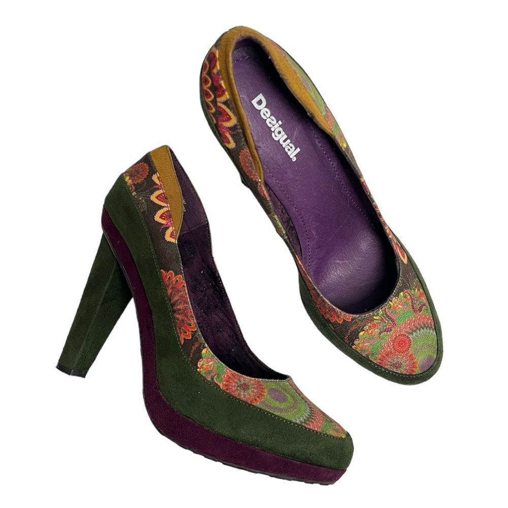 Desigual Platform Pumps Boho Artsy Green Purple Suede High Heel Shoes 41 10 10.5